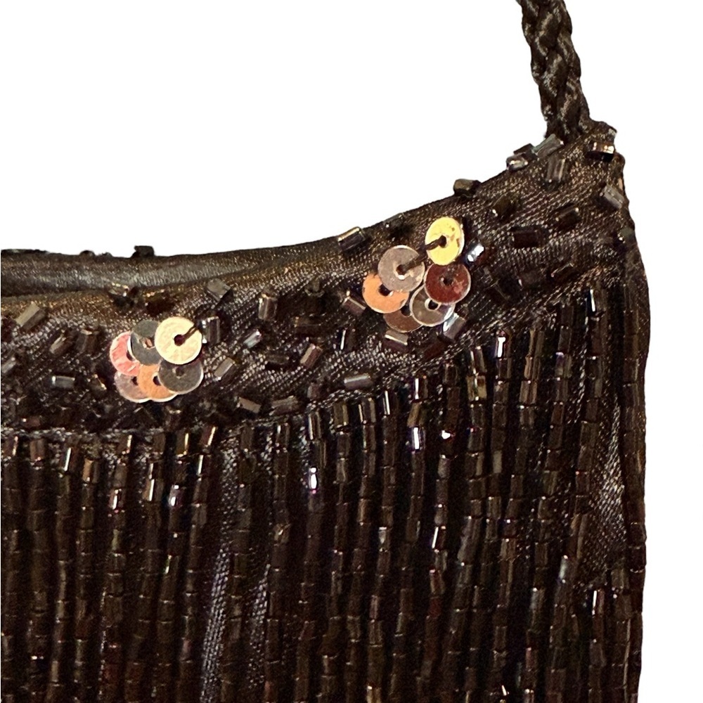 Black Beaded Fringe Crossbody Bag Sequins Vintage - Picture 3 of 7